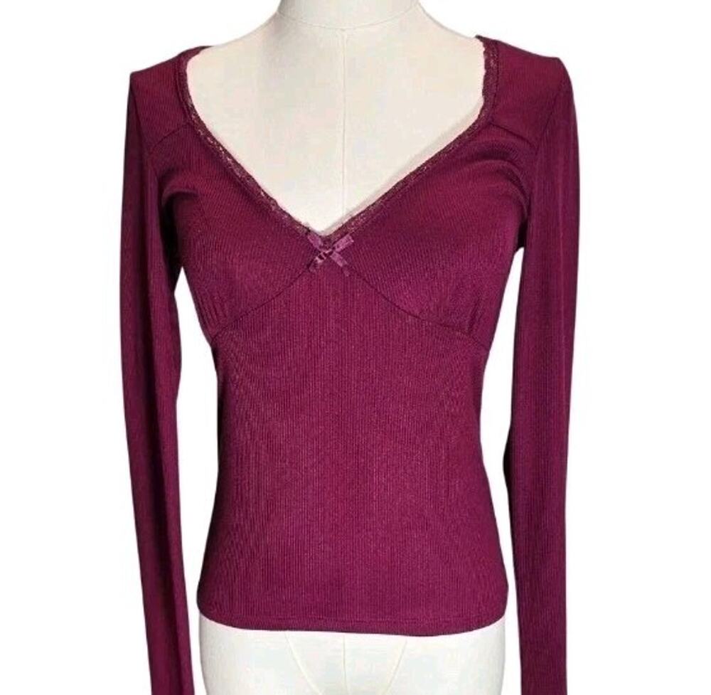 Vtg Y2K Rue 21 Ribbed Milkmaid Top M Lace Bow Berry Babydoll Long Sleeve